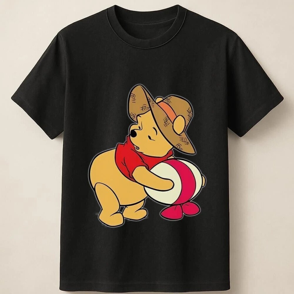 Winnie the Pooh Cute Beach Graphic with Hat and Stripes Ball Unisex T Shirt .